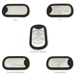 Dog Tag Alto Relevo: Placas de identificação com brasões e design em alto relevo.