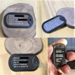 Dog Tags Fina pretas gravadas com informações de profissionais de saúde e citações bíblicas.
