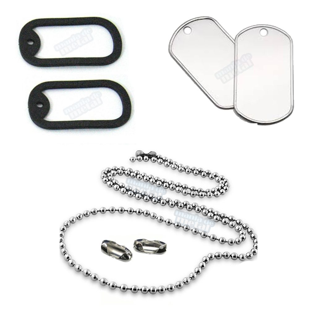 Dog tag americano em aço inox: 2 placas, corrente de 90cm e silenciador.