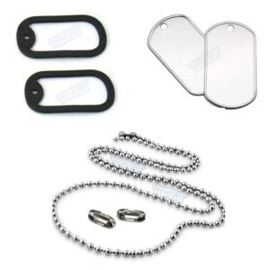 Dog Tag Modelo Americano com borda em aço inox 316L militar e corrente de bolinhas. Dog Tag com borda.