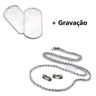 Dog Tag Modelo Americano com borda em aço inox 316L militar e corrente de bolinhas.