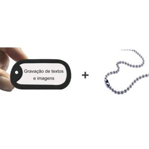 Dog tag de aço inox com gravação e corrente de bolinhas. Placa de identificação militar.