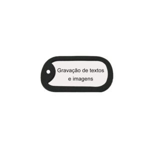 Dog tag preta com gravação de textos e imagens. Placa de identificação militar.