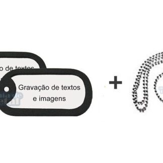 Dog tags de identificação em aço inox: 2 placas com gravação e corrente de 85cm (75cm + 10cm).