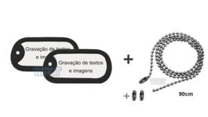 Placas identificadoras com correntes de 90cm e gravação personalizada