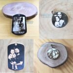 Pingentes personalizados com fotos gravadas a laser.