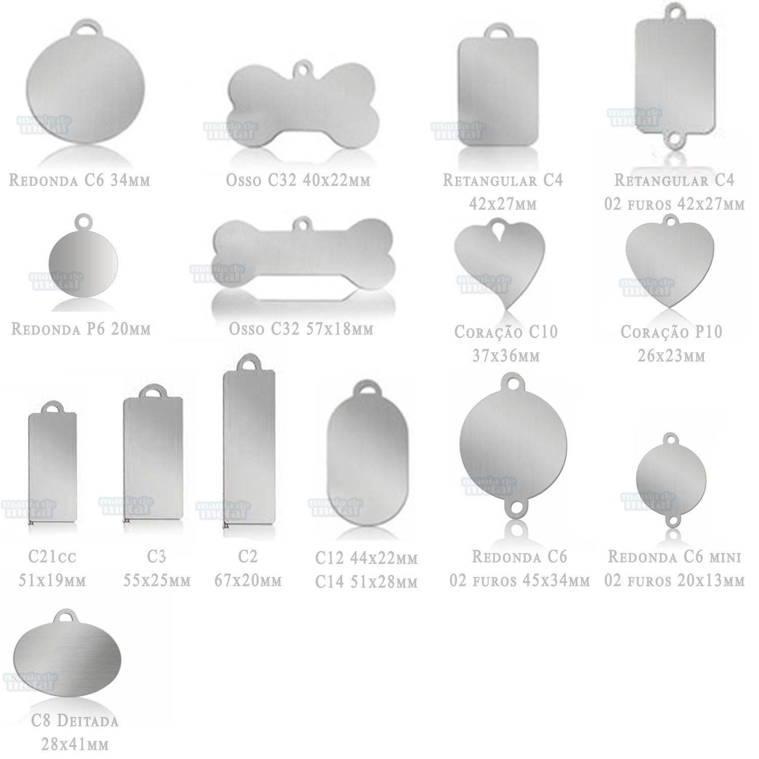 Plaquetas de identificação em aço cromado Mania de Metal